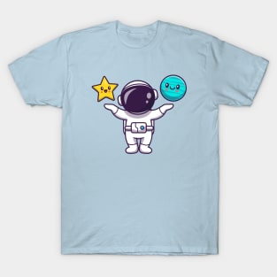 Cute Astronaut With Cute Star And Cute Planet Cartoon T-Shirt